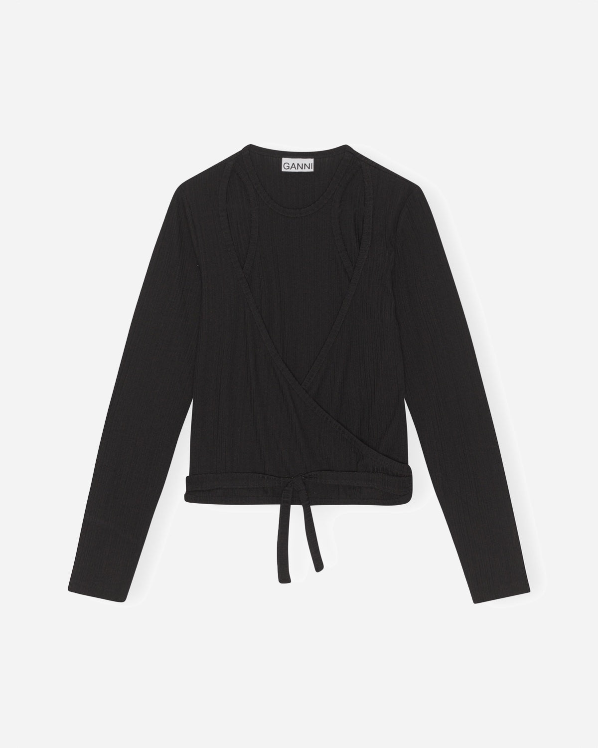 Rib Jersey Wrap Blouse - Black - Ganni - Munkstore.dk