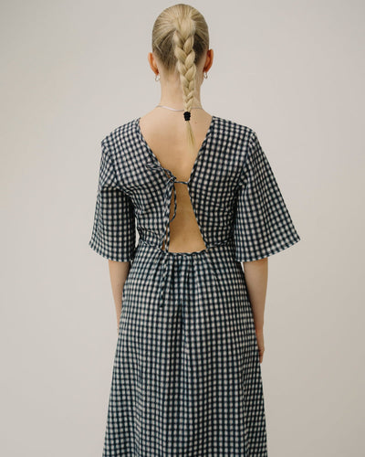 Seersucker Check V-neck Long Dress - Egret