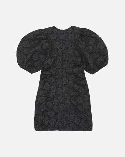 Stretch Jacquard Puff Sleeves Mini Dress - Black