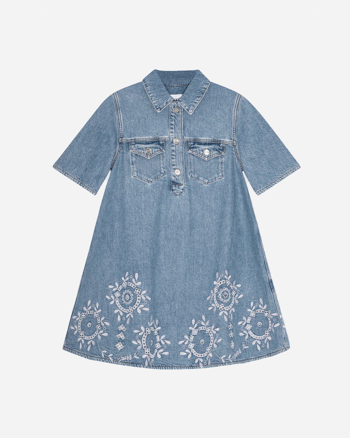 Broderie Anglaise Denim Mini Dress - Light Blue Stone