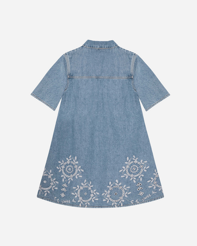 Broderie Anglaise Denim Mini Dress - Light Blue Stone
