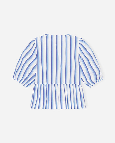 Stripe Cotton Peplum Puff Sleeve Blouse - Silver Lake Blue