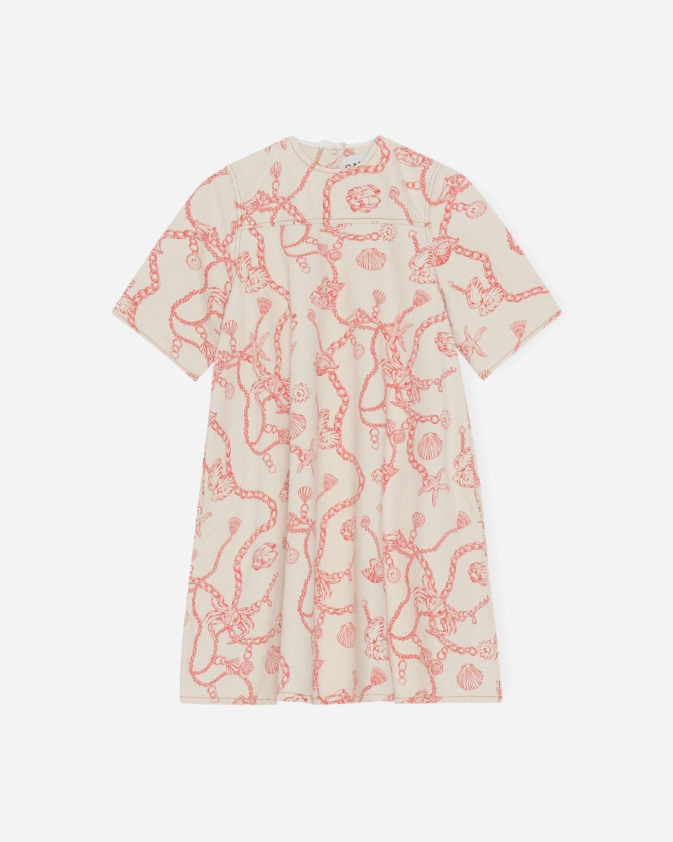 Print Denim A-line Mini Dress - Egret - Munk Store