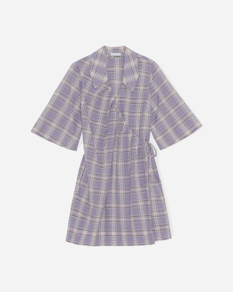 Seersucker Check Mini Wrap Dress - Check Persian Violet - Munk Store