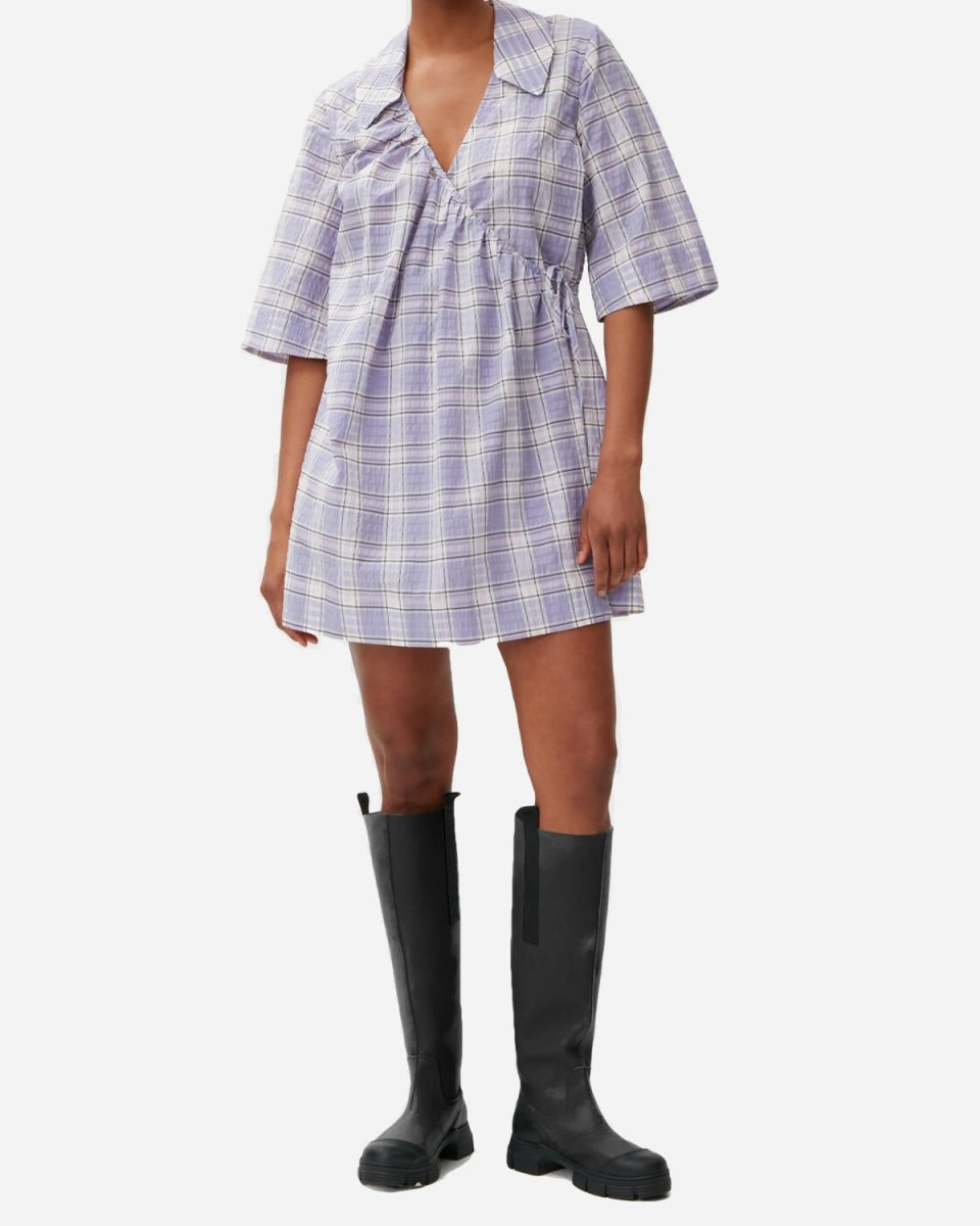 Seersucker Check Mini Wrap Dress - Check Persian Violet - Munk Store