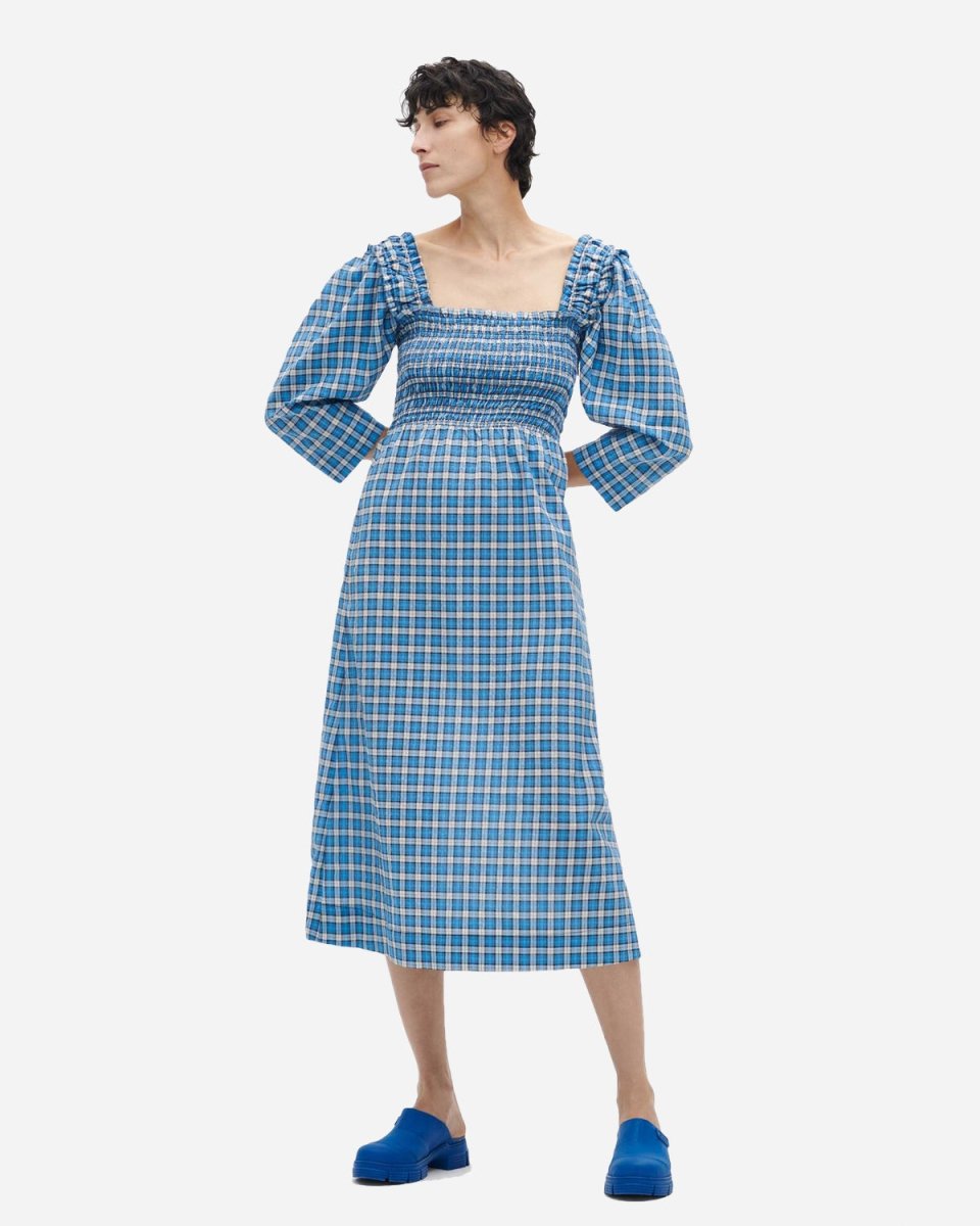 Seersucker Smock Midi Dress - Check Azure Blue - Munk Store